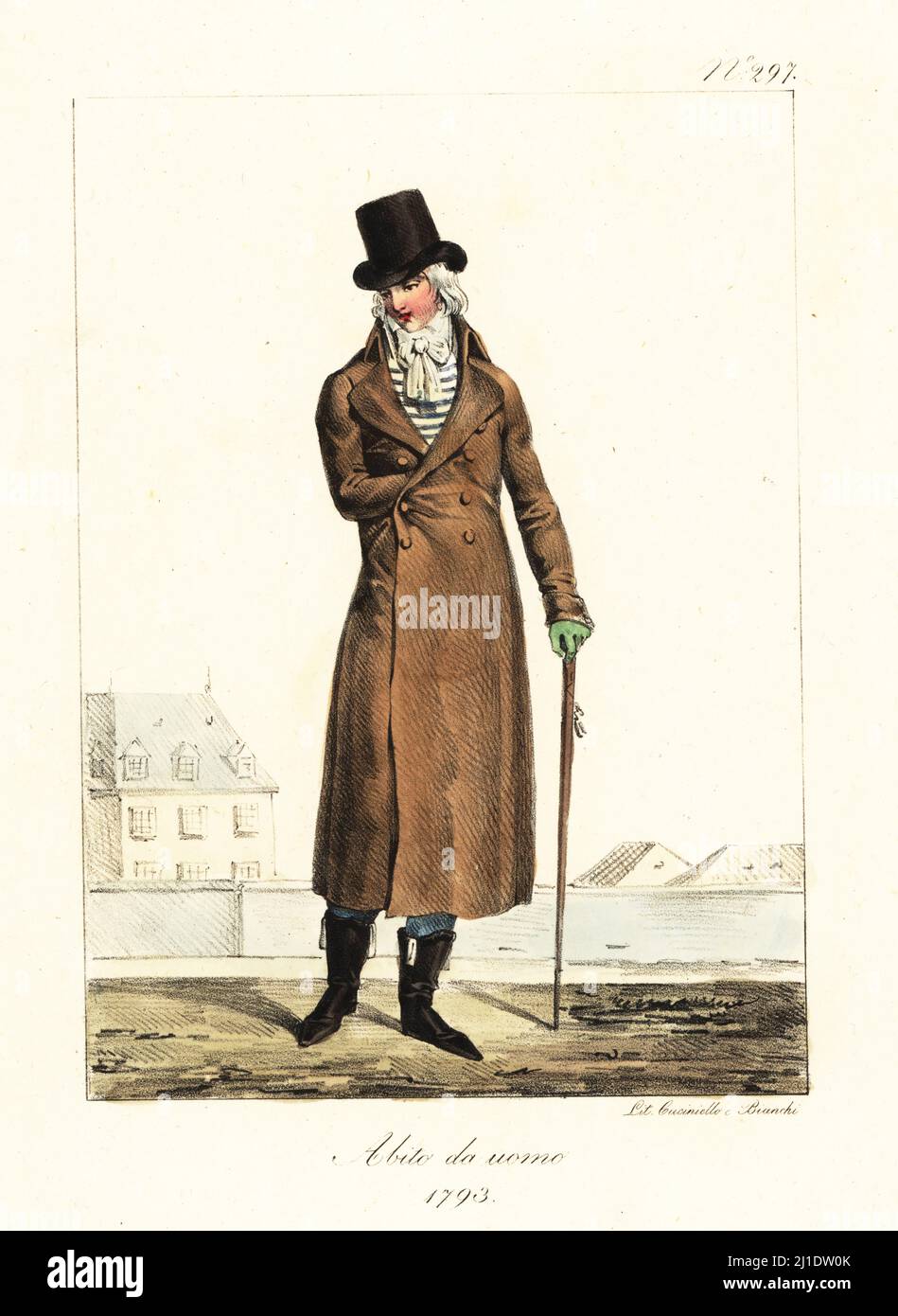 Fashionable man or Incroyable, French Revolutionary era, 1793. In top hat,  high-collar double-breasted redingote, cravat, waistcoat, trousers and  calf-length boots, with cane. Costume d'homme. Handcoloured lithograph by  Lorenzo Bianchi and Domenico ...