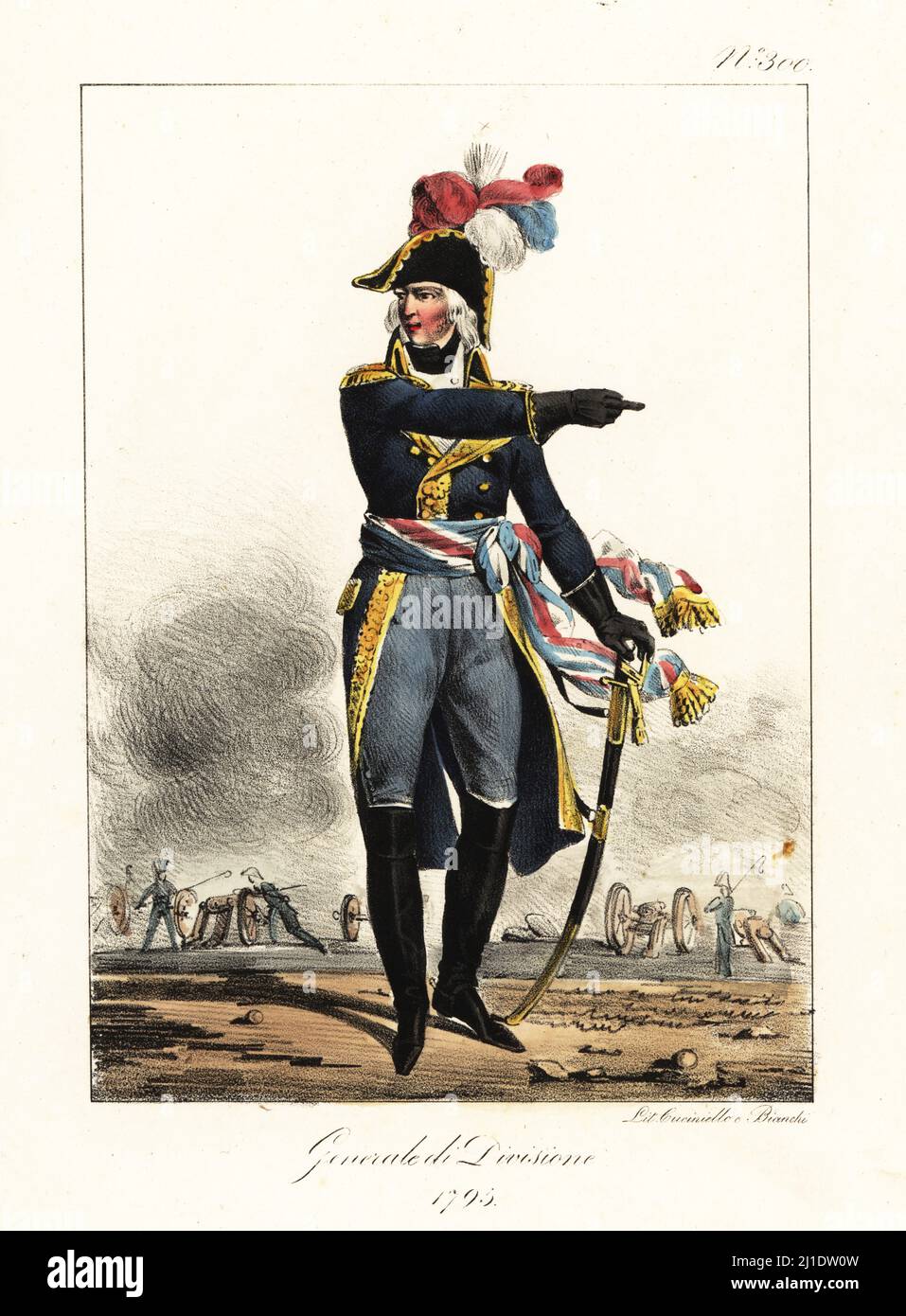 Uniform of a General in the French Revolutionary Army, 1795. He wears a bicorne with tricolor plumes, blue coat with gold epaulettes, cravat, tricolor sash belt, blue trousers, and boots. He issues orders to artillery gunners. General de Division. Handcoloured lithograph by Lorenzo Bianchi and Domenico Cuciniello after Hippolyte Lecomte from Costumi civili e militari della monarchia francese dal 1200 al 1820, Naples, 1825. Italian edition of Lecomte’s Civilian and military costumes of the French monarchy from 1200 to 1820. Stock Photo