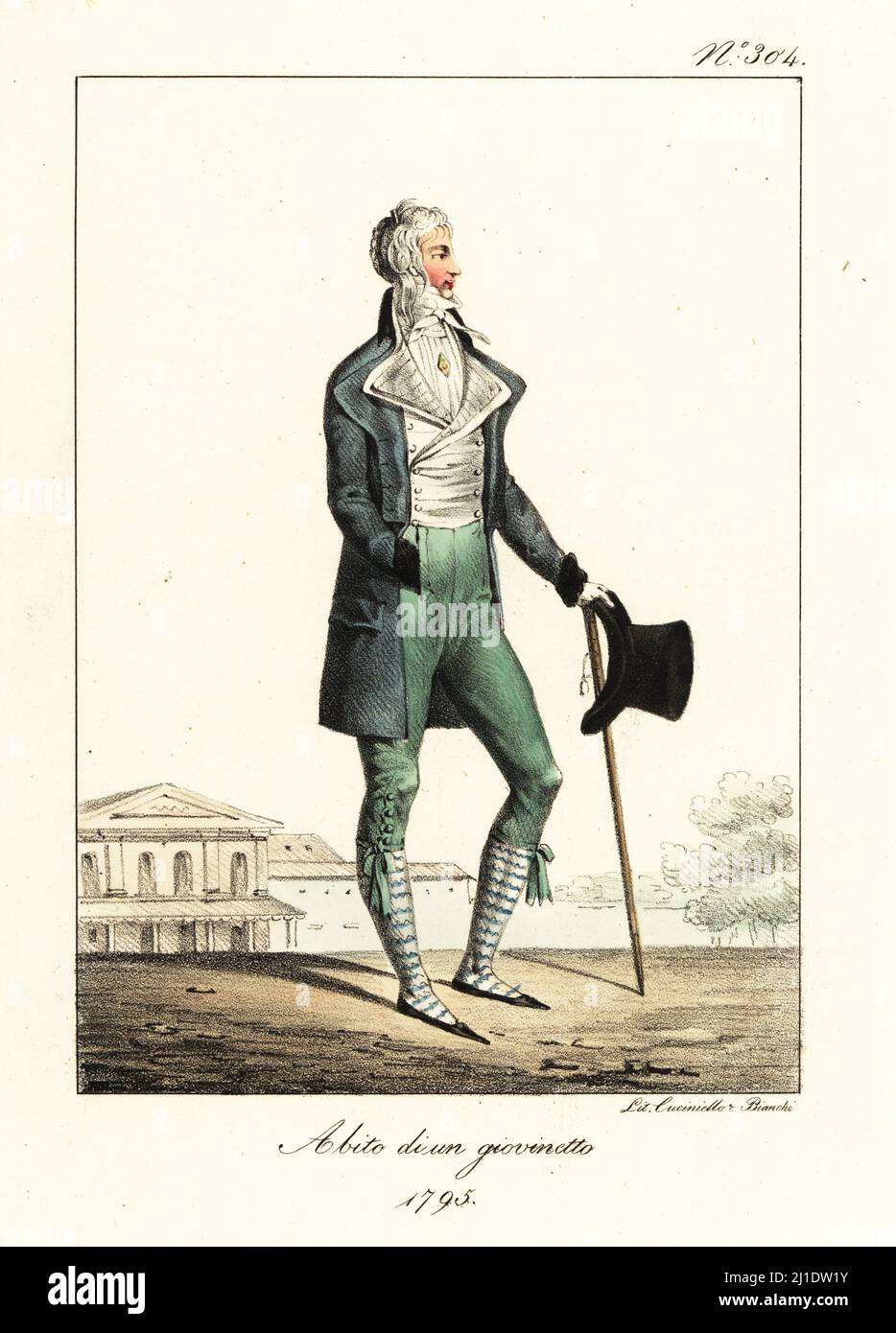 Fashionable dandy or Incroyable, French Directoire era, 1795. In short  redingote, high collar and cravat, striped gilet and hose, green breeches,  holding a top hat and cudgel. Costume d'un jeune homme. 1795.