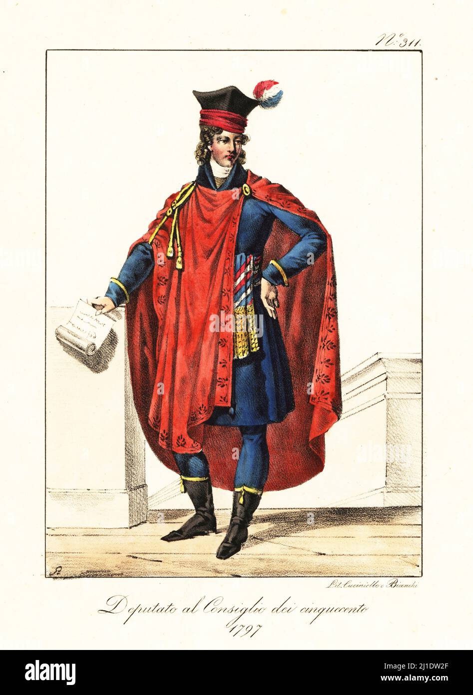 Ceremonial costume of a deputy of the Council of Five Hundred, 1797. Formed  in 1795 during the Directoire. In hat with tricolor plume, scarlet cape,  tricolor sash, blue coat and hose, calf-length