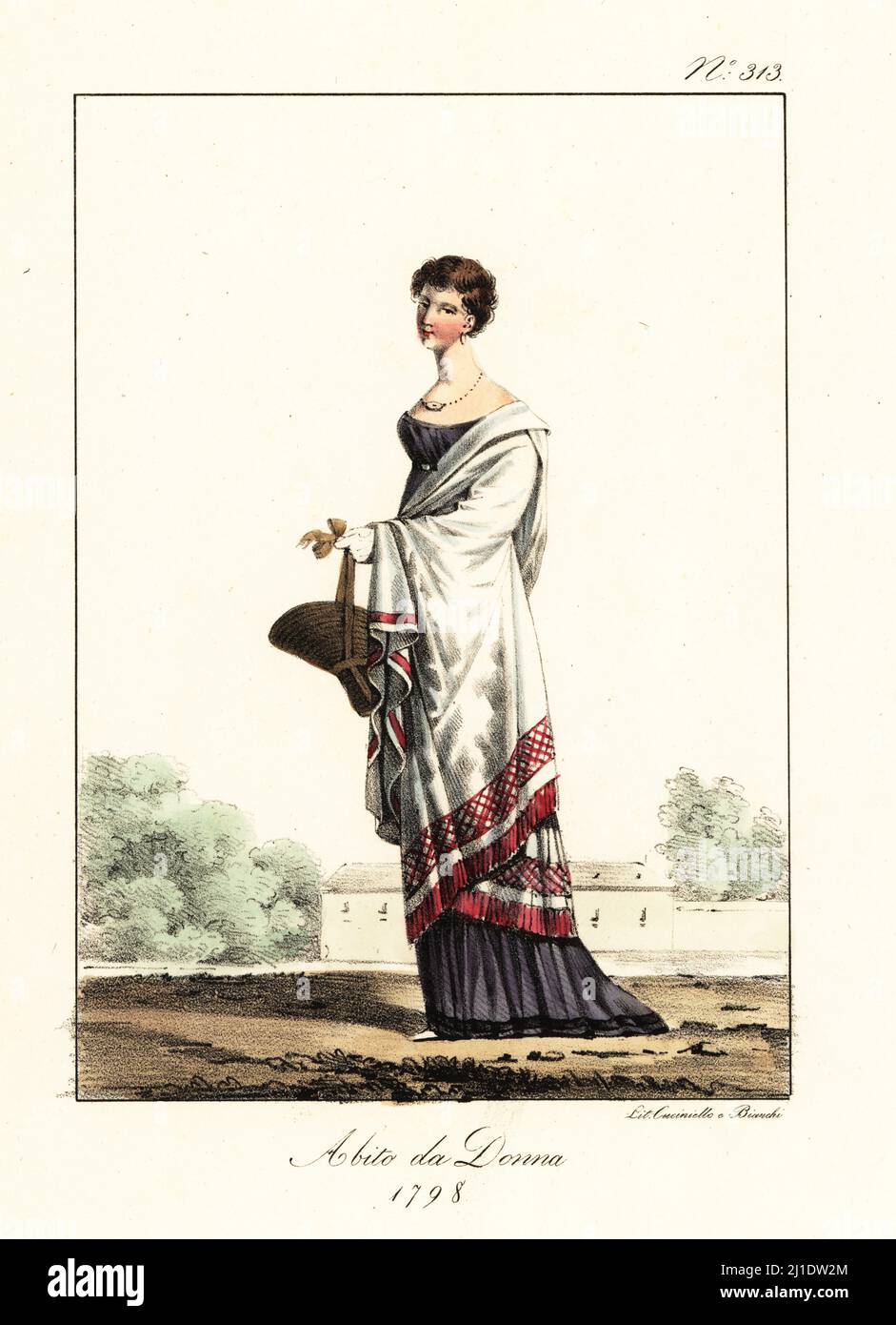 Costume of a fashionable French woman or Merveilleuse, Directoire era,  1798. Short haircut a la Titus or a la victime, low-cut dress, straw bonnet,  embroidered shawl. Costume de Femme. Handcoloured lithograph by