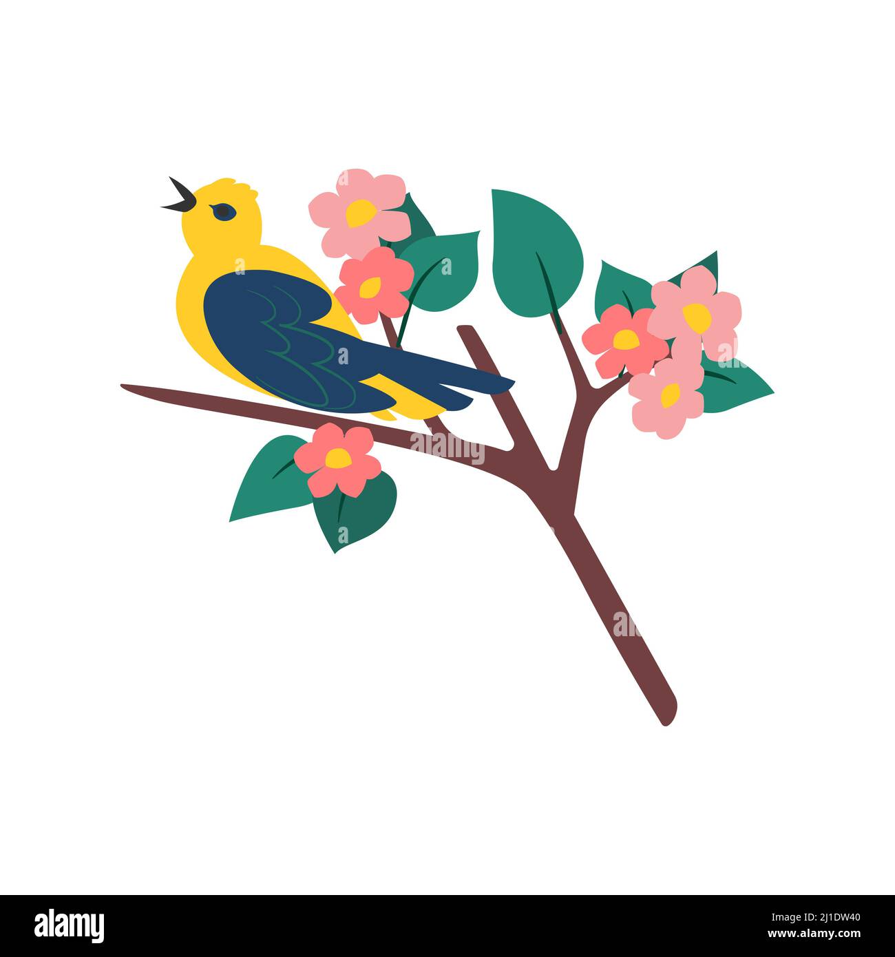 Colored bird on a flowering tree branch. Vector illustration Stock Vector