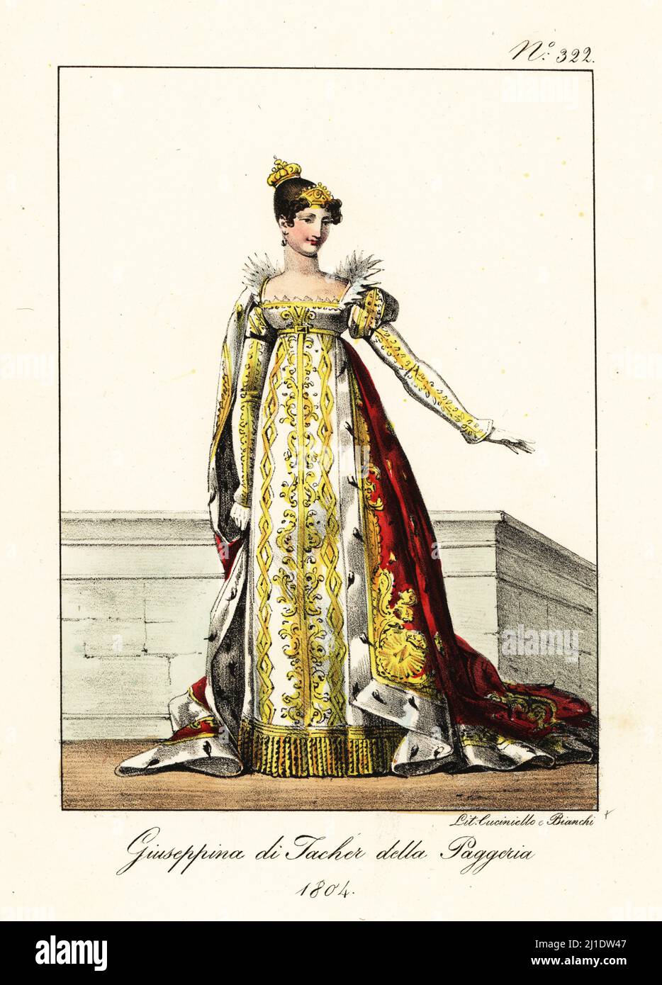 Empress Josephine of France in ceremonial robes at her coronation, 1804. Josephine Bonaparte, or Josephine de Beauharnais, 1763-1814. In gold crown, white and gold gown, scarlet cape with gold embroidery and ermine trim. Josephine de Tacher de la Pagerie, 1804. Handcoloured lithograph by Lorenzo Bianchi and Domenico Cuciniello after Hippolyte Lecomte from Costumi civili e militari della monarchia francese dal 1200 al 1820, Naples, 1825. Italian edition of Lecomte’s Civilian and military costumes of the French monarchy from 1200 to 1820. Stock Photo