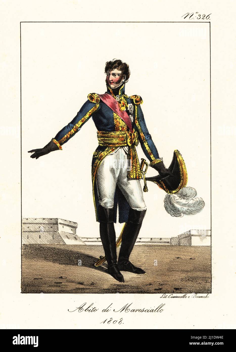Ceremonial costume of a Marshal of the Empire, Napoleonic era, 1808. Bicorne with plumes, blue coat with gold epaulettes and embroidery, red sash, gold belt, breeches and boots, court sword. Costume de Marechal d'Empire, 1808, designed by artist Jean-Baptiste Isabey and designer Charles Percier. Handcoloured lithograph by Lorenzo Bianchi and Domenico Cuciniello after Hippolyte Lecomte from Costumi civili e militari della monarchia francese dal 1200 al 1820, Naples, 1825. Italian edition of Lecomte’s Civilian and military costumes of the French monarchy from 1200 to 1820. Stock Photo