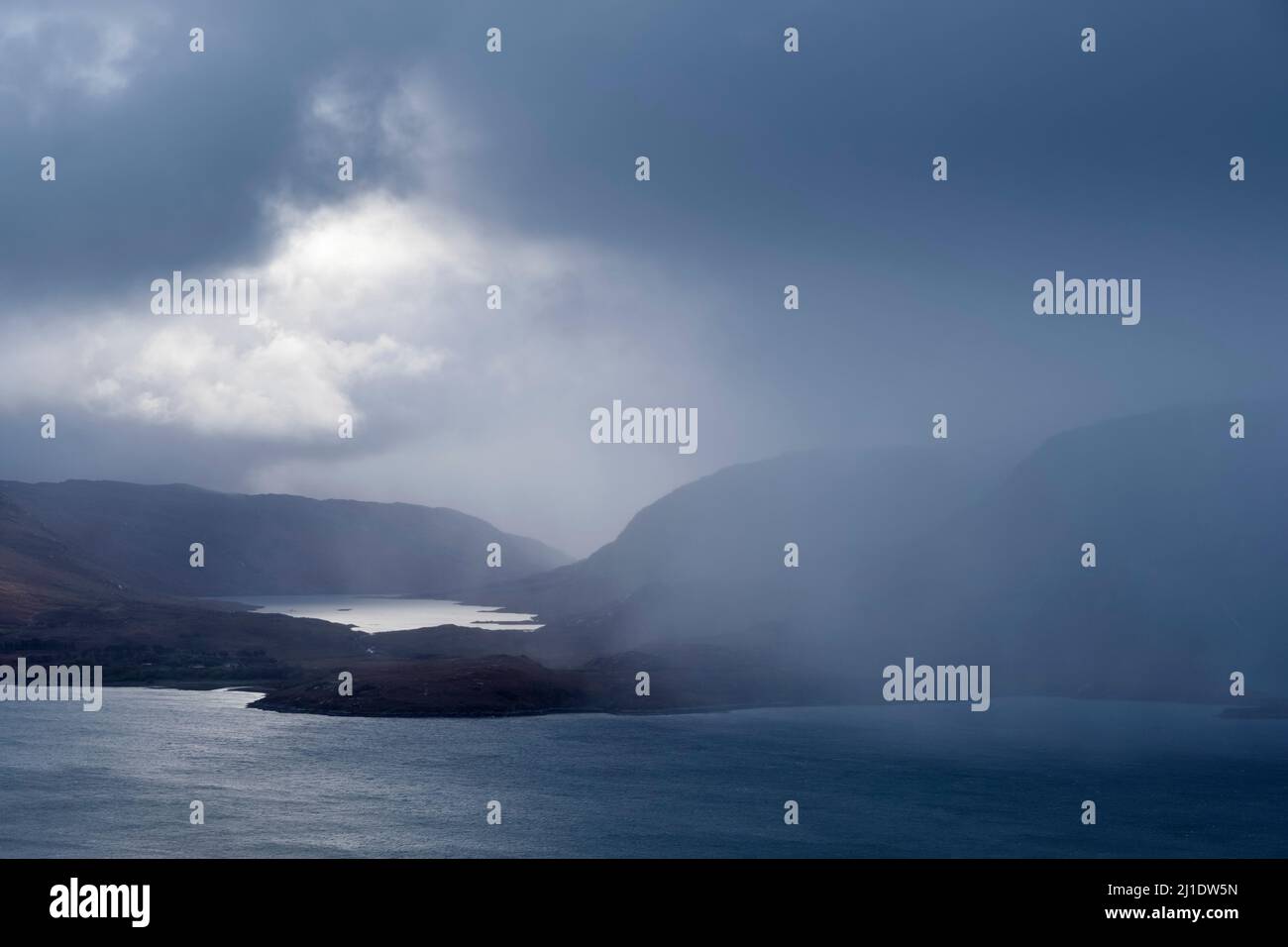 Incoming rain over Upper Loch Torridon in Wester Ross. Scottish Highlands, Scotland Stock Photo