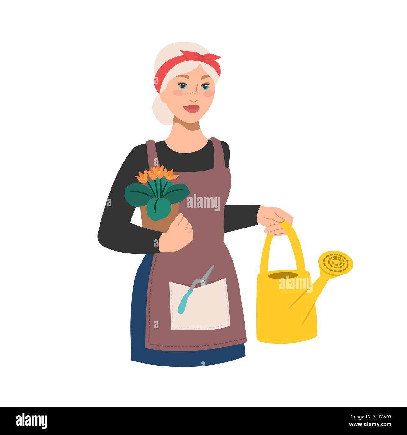 Florist woman holding flower pot and watering can. Garden tools. Vector ...