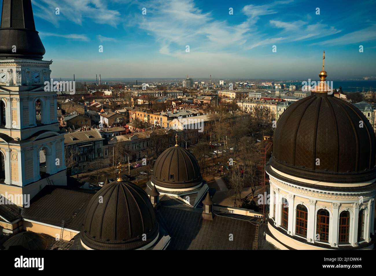 Aiir panorama the city center with Orthodox Cathedral in Odessa, Ukraine. Winter and natural light. Stock Photo