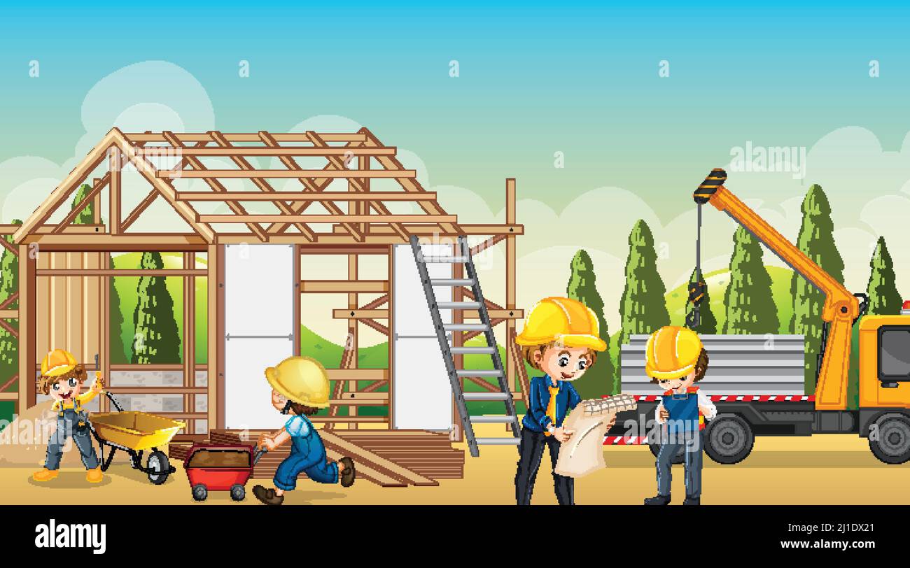Building house construction site and workers illustration Stock Vector ...