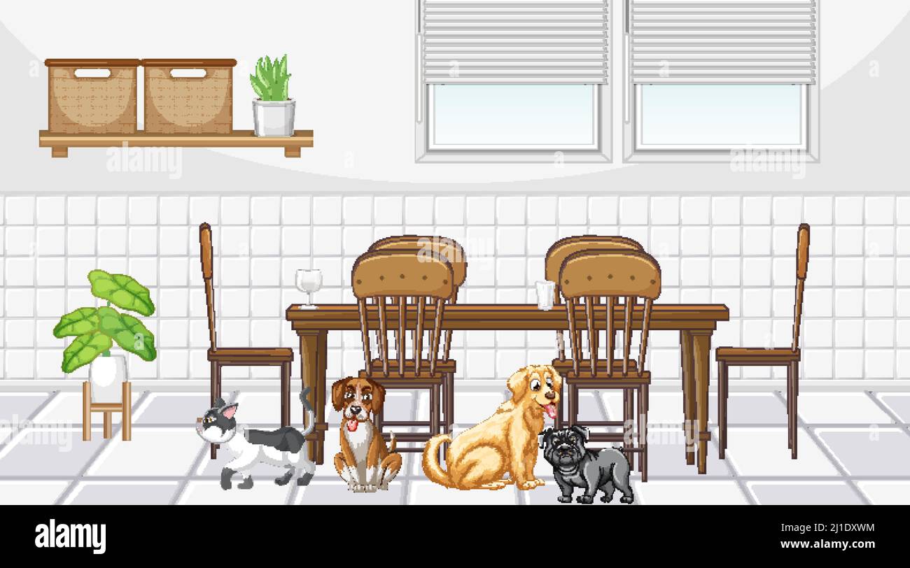 Set of different domestic animals in kitchen illustration Stock Vector ...