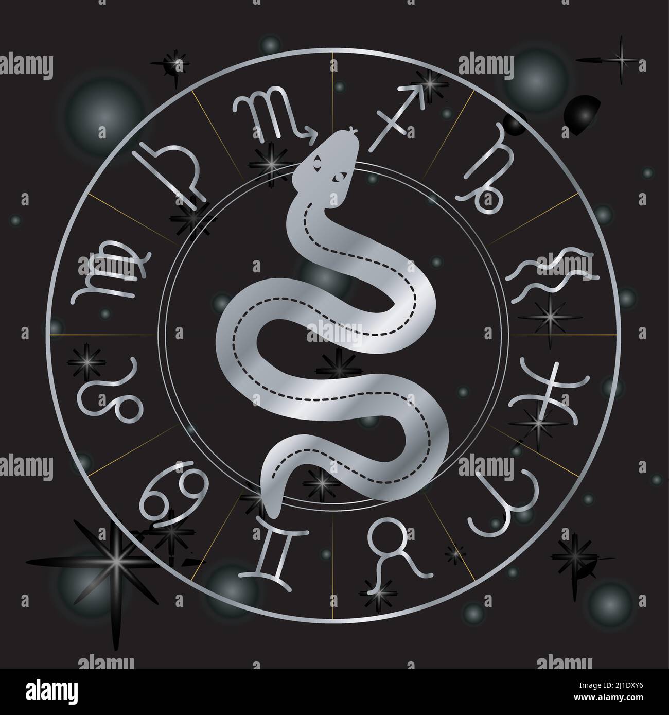 Zodiac symbols astrology signs with mystic serpentine in silver Stock Vector