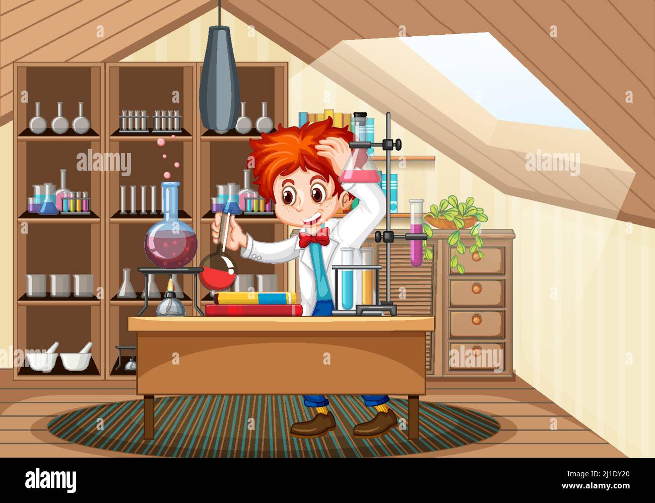 Laboratory scene with scientist cartoon character illustration Stock