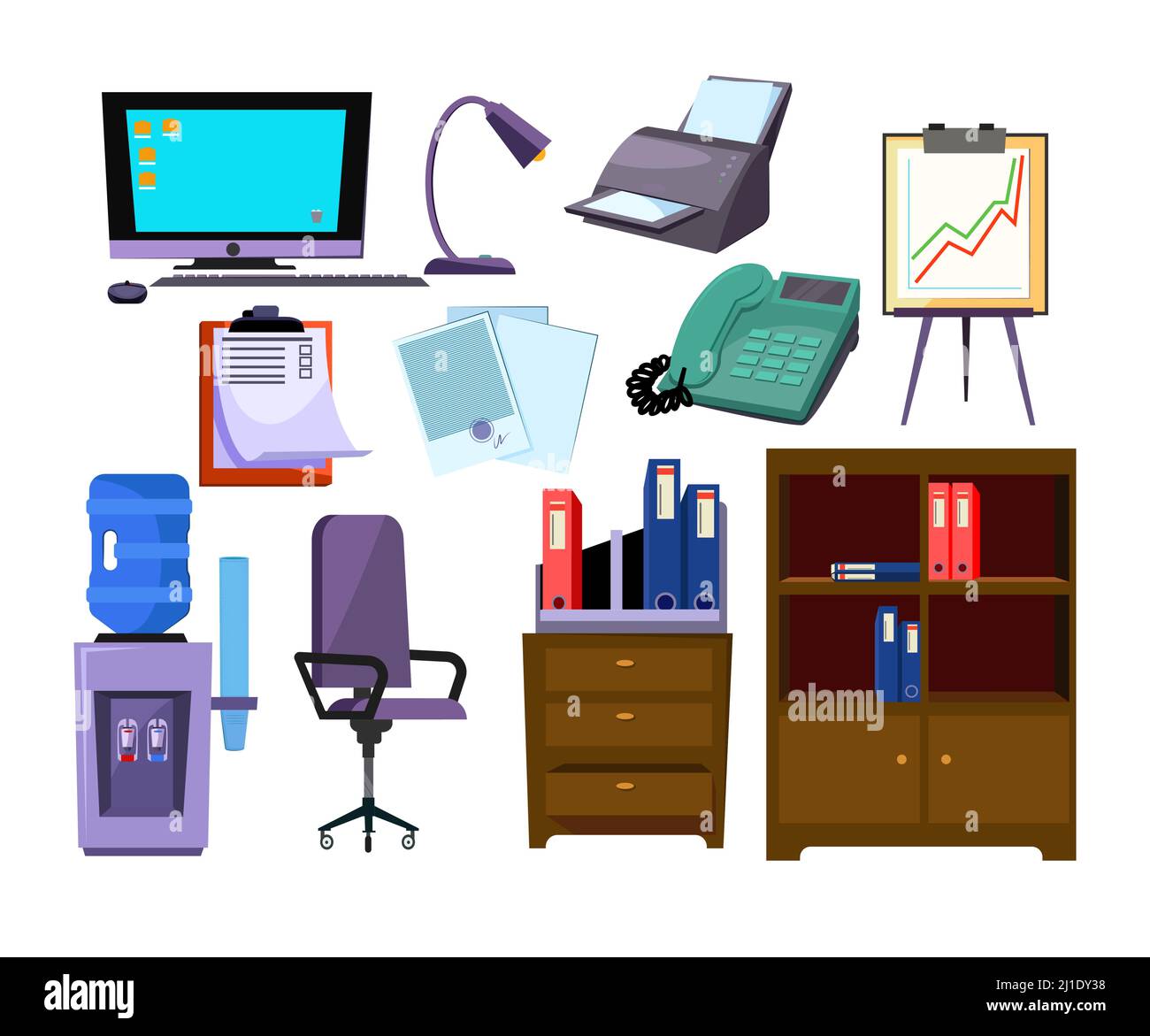 Office attributes illustration set. Computer, telephone, chair. Office concept. Can be used for topics like business, stationery, equipment Stock Vector