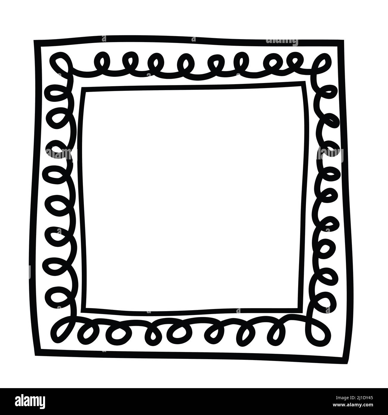 Hand drawn square frame with curls. Black and white design element for