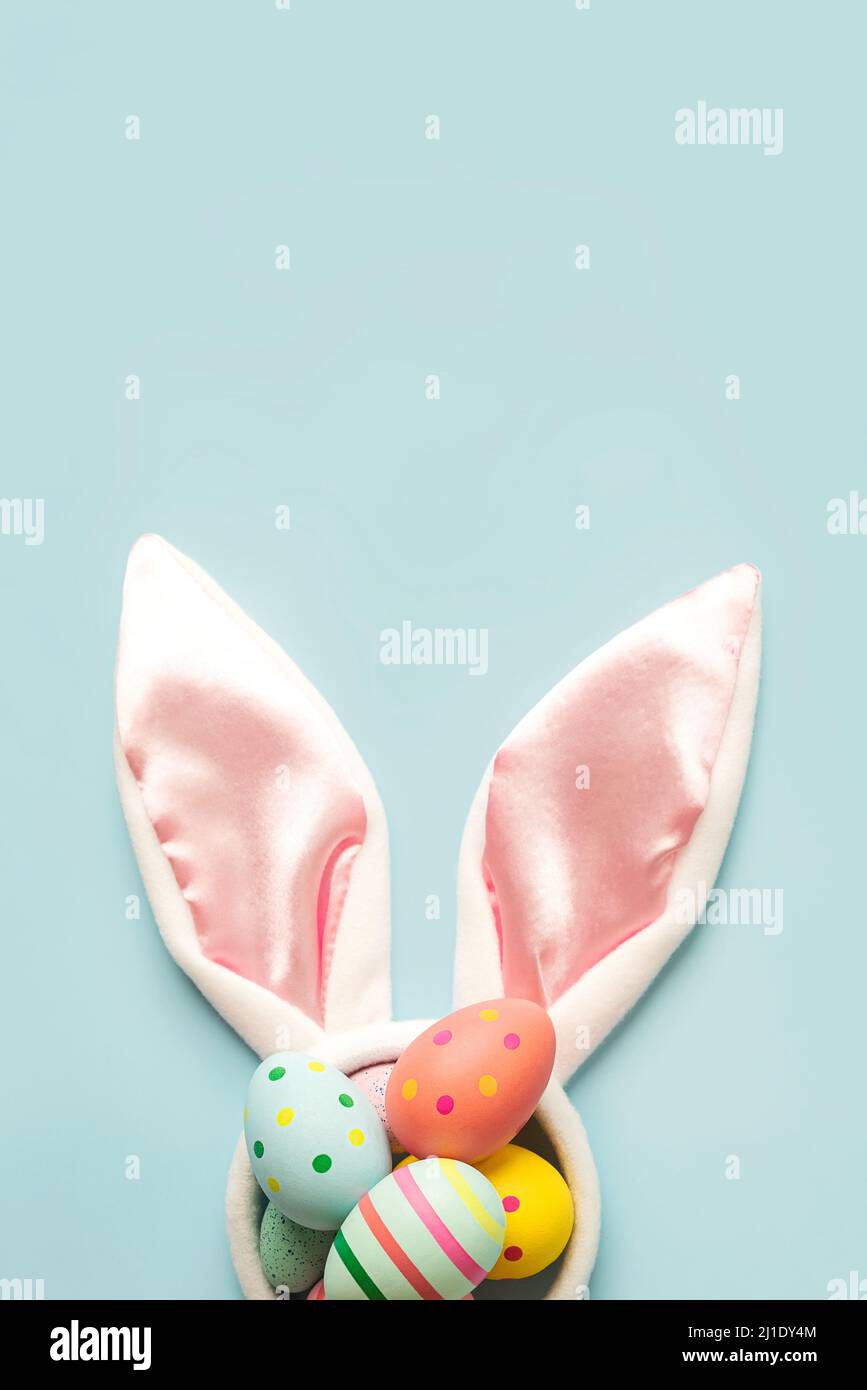 Happy Easter. Colored easter painted eggs on white rabbit ears with copy space over blue background Stock Photo