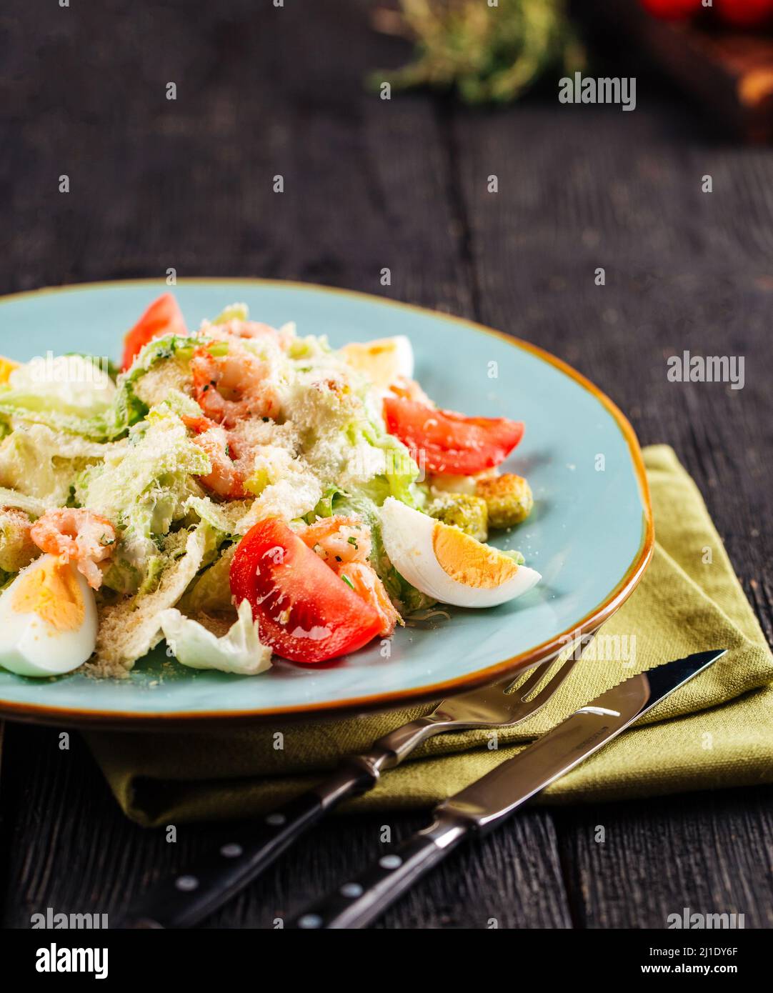 Closeup on fresh caesar salad with shrimp Stock Photo