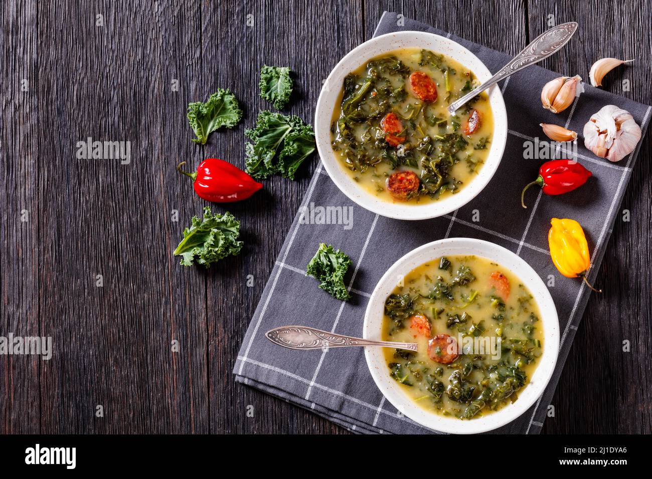 Caldo Verde, Portuguese potato and kale soup with Chorizo Sausage in