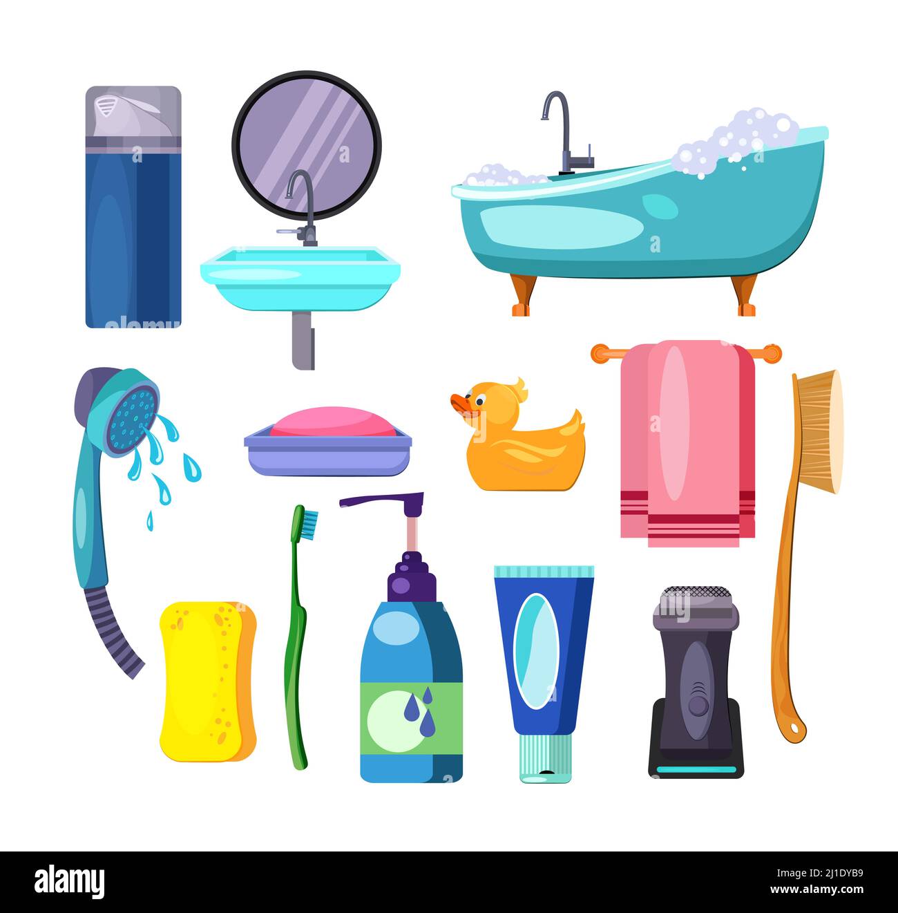 Taking bath set. Hygiene collection. Can be used for topics like bathroom, bathing, relaxation Stock Vector