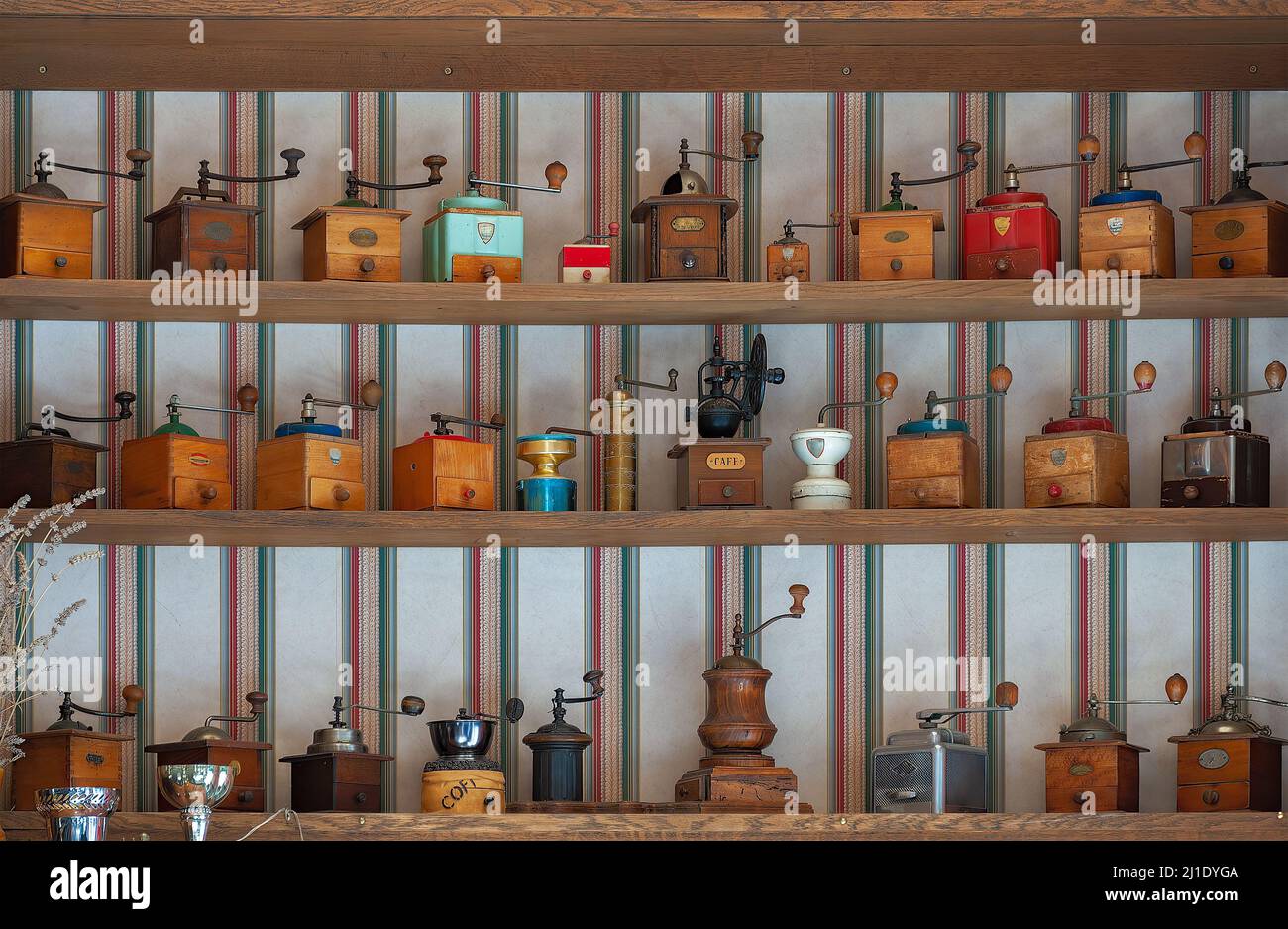 Variety of hand crank coffee grinders on display shelves. Stock Photo