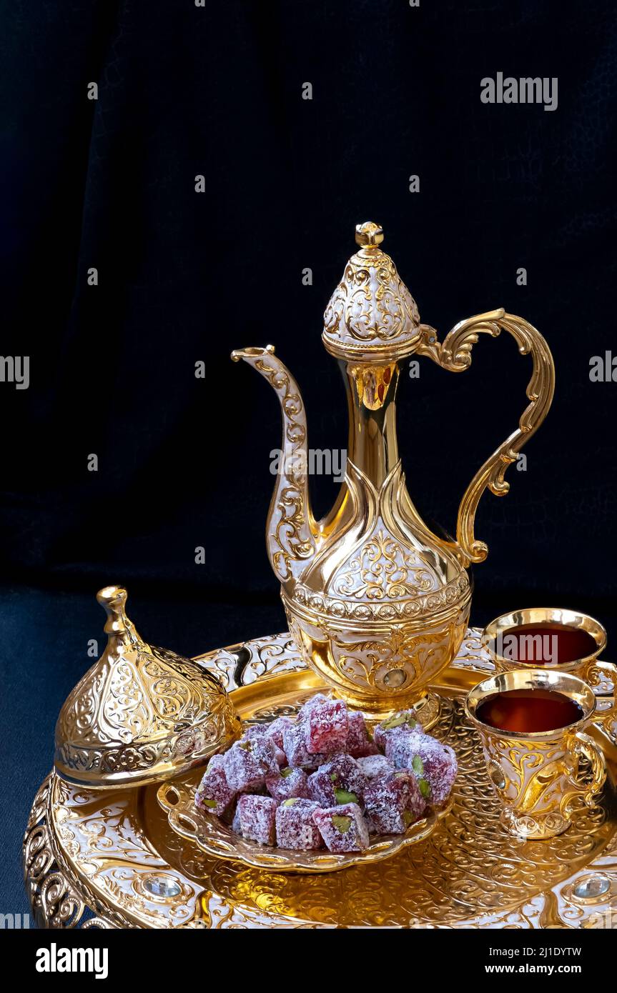 Still Life With Traditional Luxury Golden Arabic Coffee Set With Jezva ...