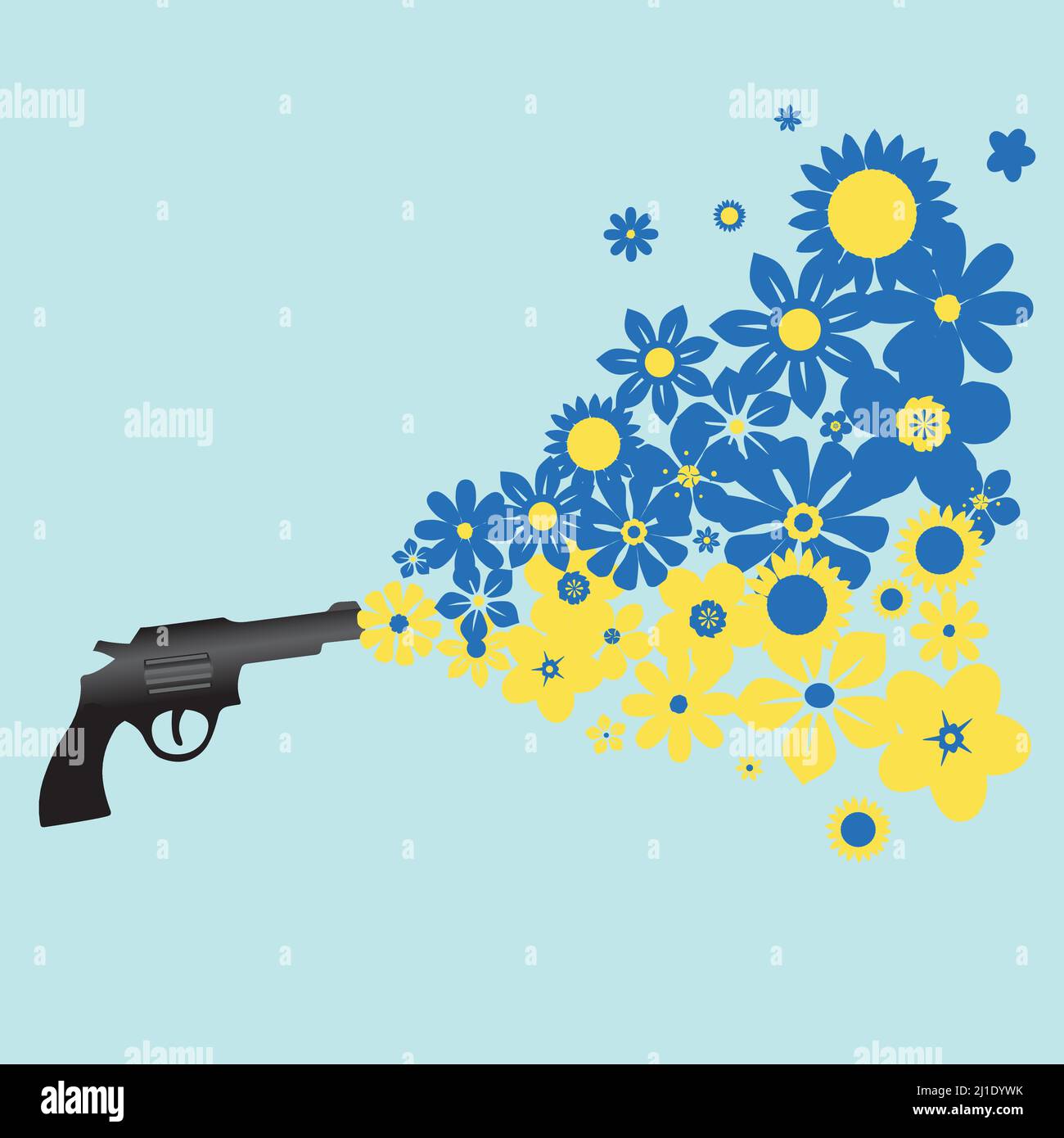 A gun shooting colorful flowers in the colors of an Ukrainian flag. A symbolic image to stop war violence Stock Vector