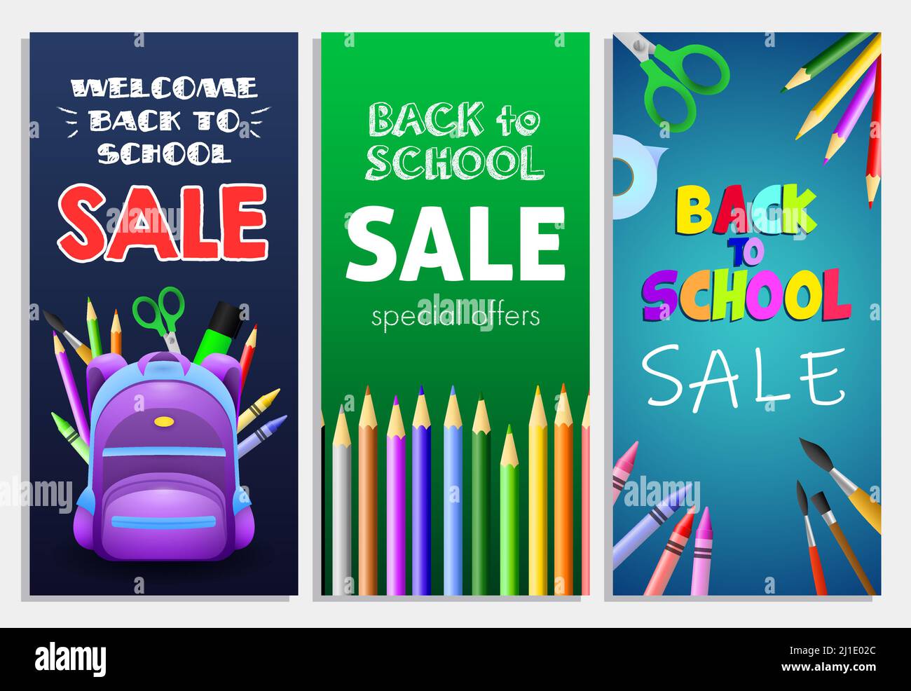 Back to school sale letterings set with backpack, pencils and brushes. Offer or sale advertising design. Typed text, calligraphy. For leaflets, brochu Stock Vector