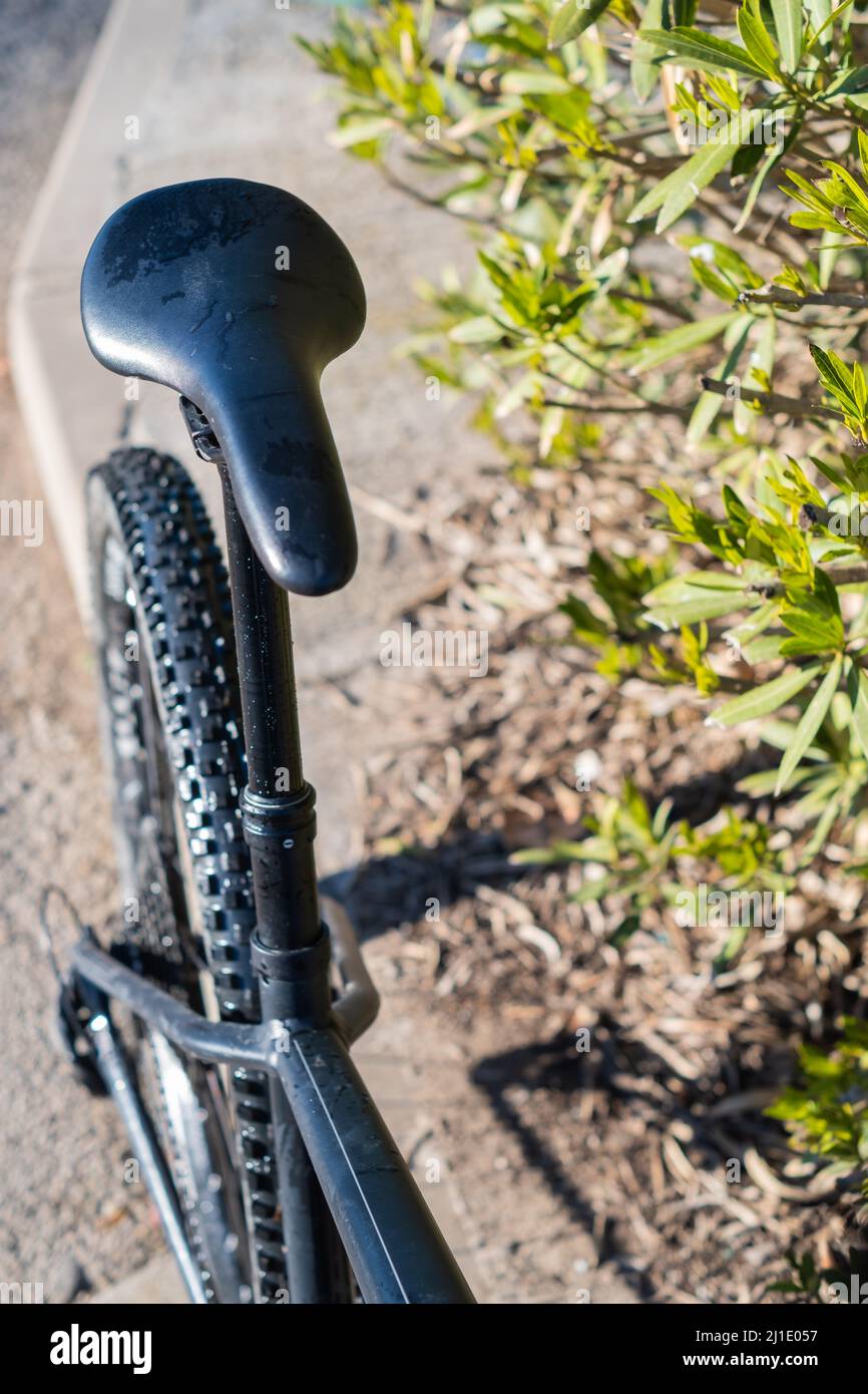 Black saddle seat on a mountain bike bicycle Stock Photo