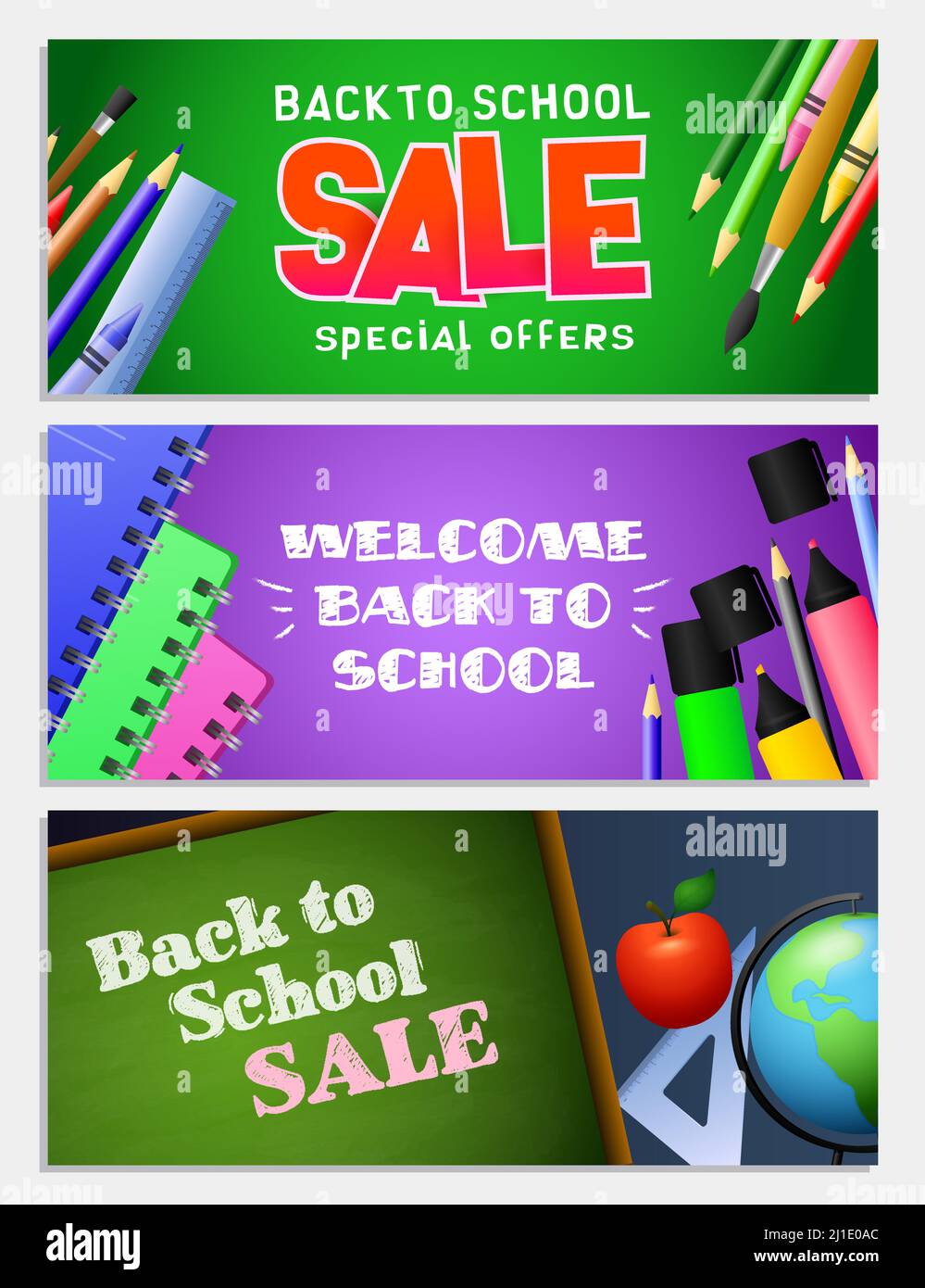 Back to school sale letterings set, chalkboard, notebooks, pencils. Offer or sale advertising design. Typed text, calligraphy. For leaflets, brochures Stock Vector