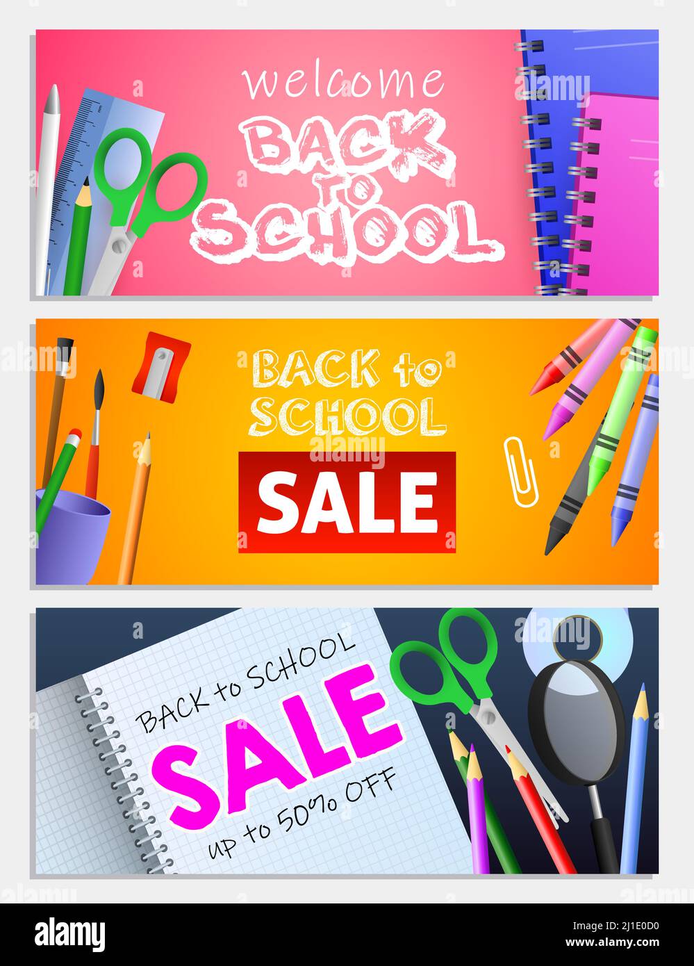 Back to school sale letterings set, scissors, pencils, copybooks. Offer or sale advertising design. Typed text, calligraphy. For leaflets, brochures, Stock Vector