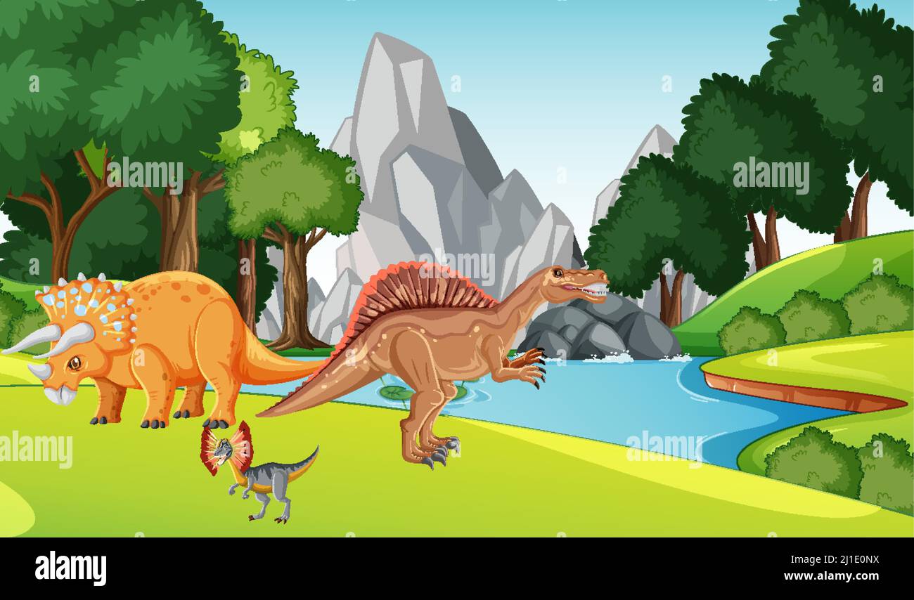 Many dinosaurs by the river illustration Stock Vector