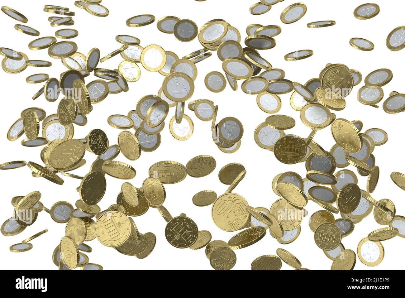 Concept idea of lots falling/dropping euro coins, to represent a poor European economy or devaluation of European money that could cause a depression. Stock Photo