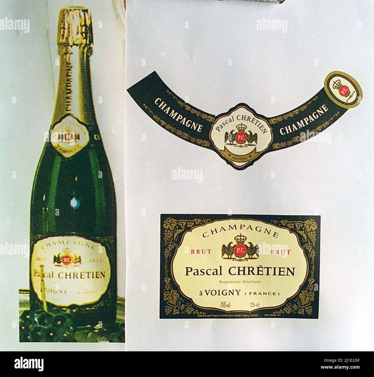 The labels from a rare brand of vintage champagne which French student Celine Figard had in her possession when she was given a lift in a white Mercedes lorry at Chievely services on the 19th December. Police hope the discovery of the bottle, of a type that is not exported from France, will lead them to her murderer. Her body was found in a layby near Worcester on the 29th of December. Stock Photo