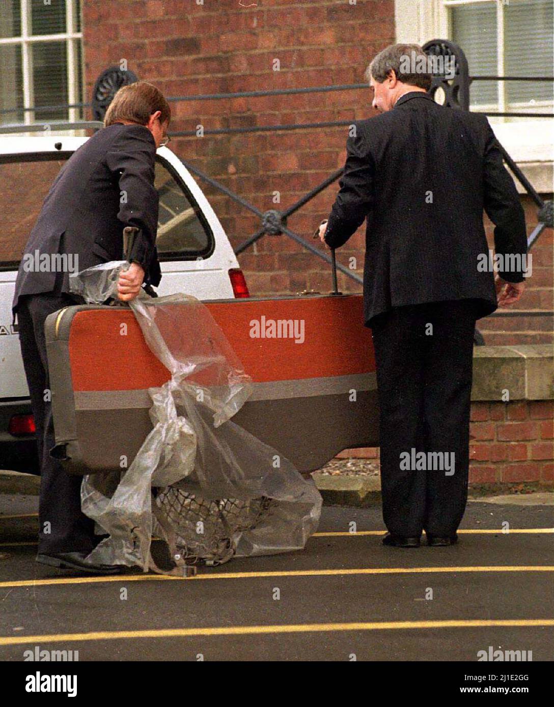 Undated library file: A matress from the Mercedes lorry driven by Stuart Morgan is carried into Worcester Crown Court where he was today (Wednesday) found guilty of the murder of French student Celine Figard. Pic DAVID JONES/PA. See PA Stoty COURTS Celine Stock Photo
