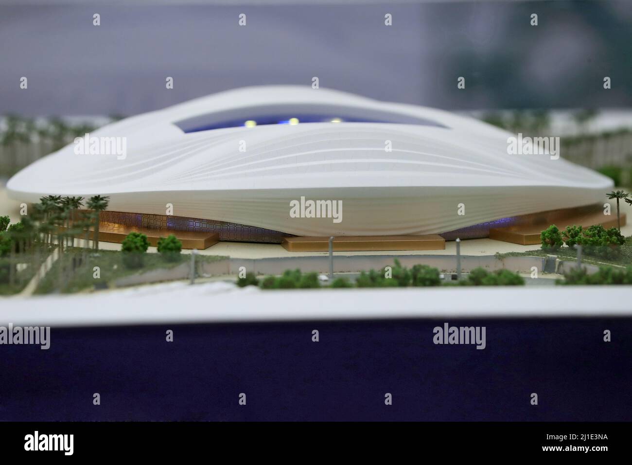 03.10.2021, France, , Paris - Model of Al Janoub Stadium, a venue of the 2022 World Cup. 00S211003D512CAROEX.JPG [MODEL RELEASE: NO, PROPERTY RELEASE: Stock Photo