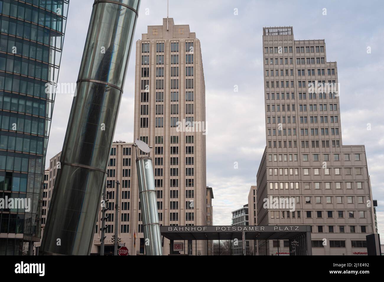 22.01.2022, Germany, , Berlin - View of Potsdamer Platz in the Berlin districts of Mitte and Tiergarten in the Mitte district with the high-rise build Stock Photo