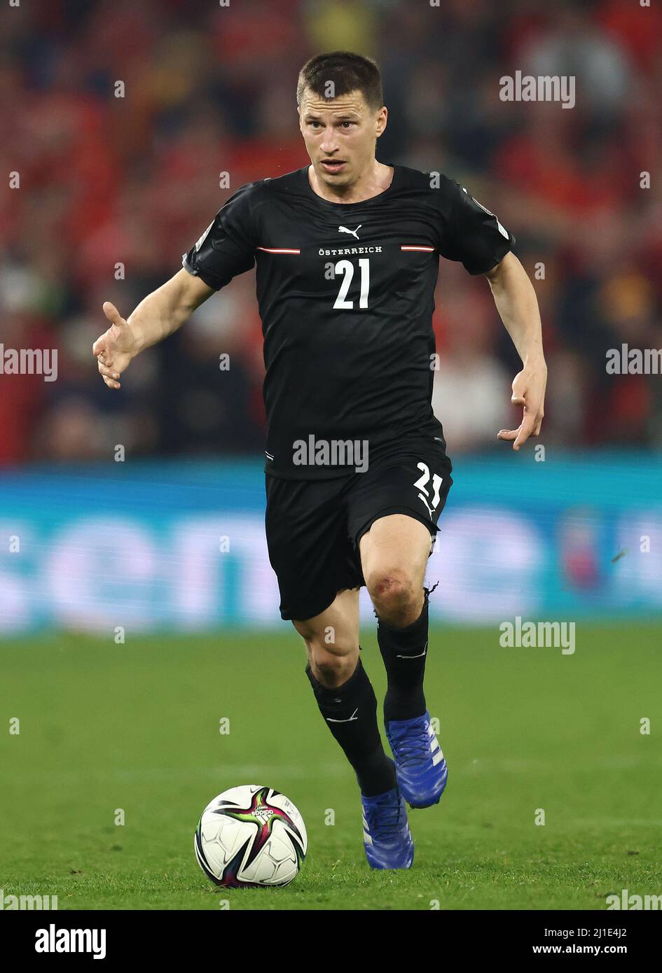 Cardiff, Wales, 24th March 2022.   Stefan Lainer of Austria during the FIFA World Cup 2023 Qualifying - European match at the Cardiff City Stadium, Cardiff. Picture credit should read: Darren Staples / Sportimage Stock Photo