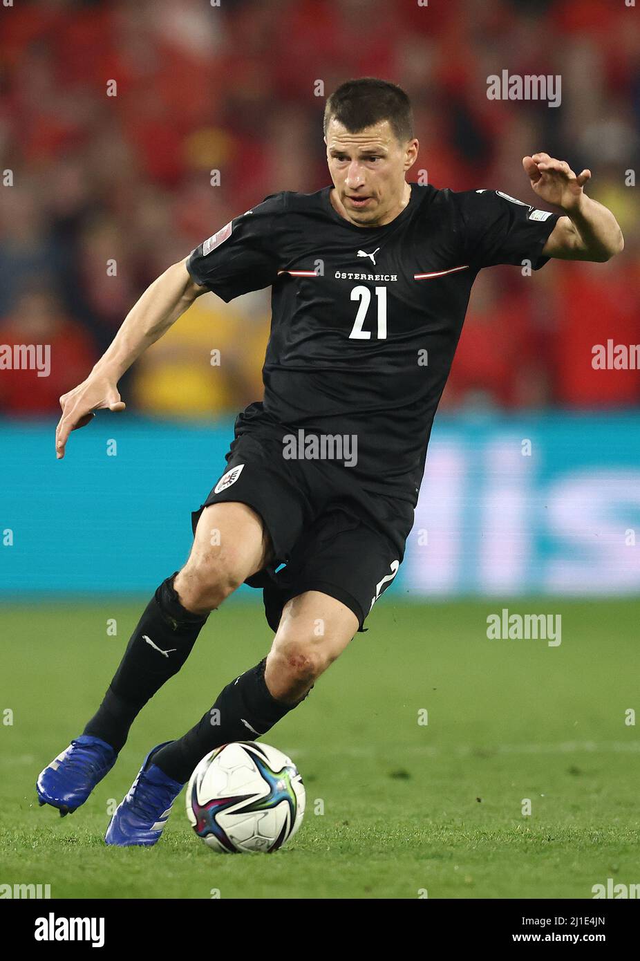 Cardiff, Wales, 24th March 2022.   Stefan Lainer of Austria during the FIFA World Cup 2023 Qualifying - European match at the Cardiff City Stadium, Cardiff. Picture credit should read: Darren Staples / Sportimage Stock Photo