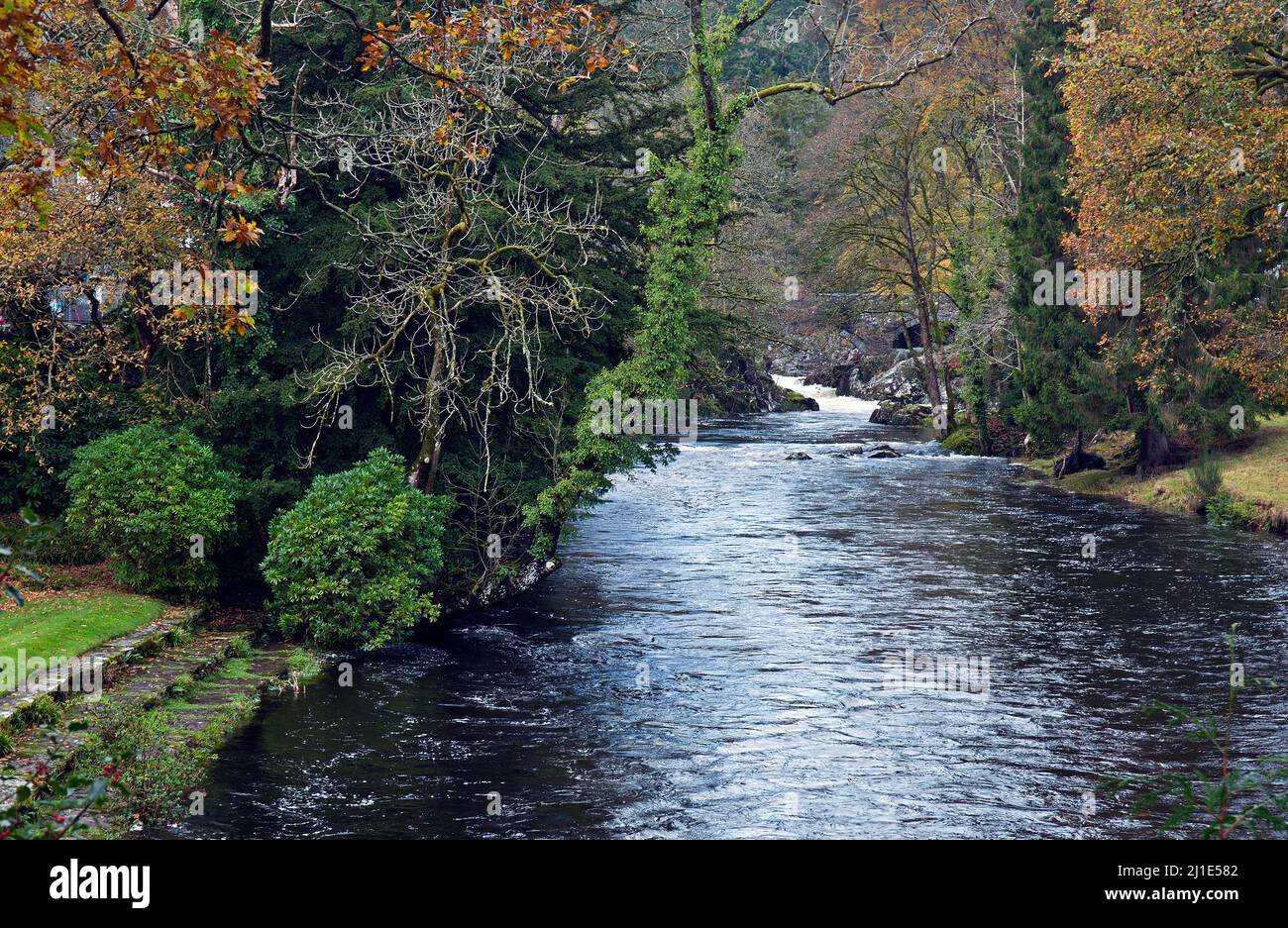 River Llugwy runs through the village of Betws Y Coed in autumn known
