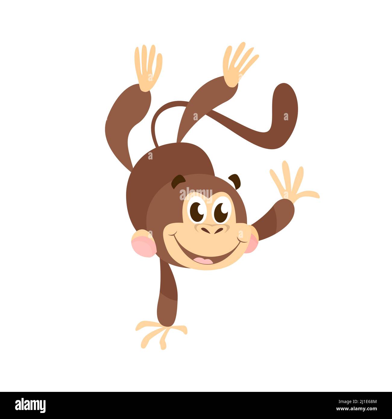 Joyful cartoon monkey doing handstand. Cute character, animal, fun. Can be used for topics like zoo, jungle, safari Stock Vector