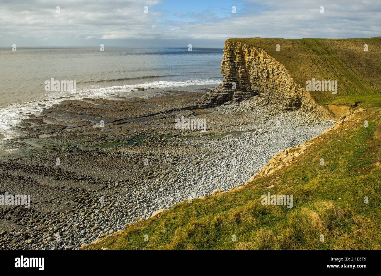 Looking down onto Nash Point or Marcross Beach from the eastern cliff side on the Glamorgan Heritage Coast. Stock Photo