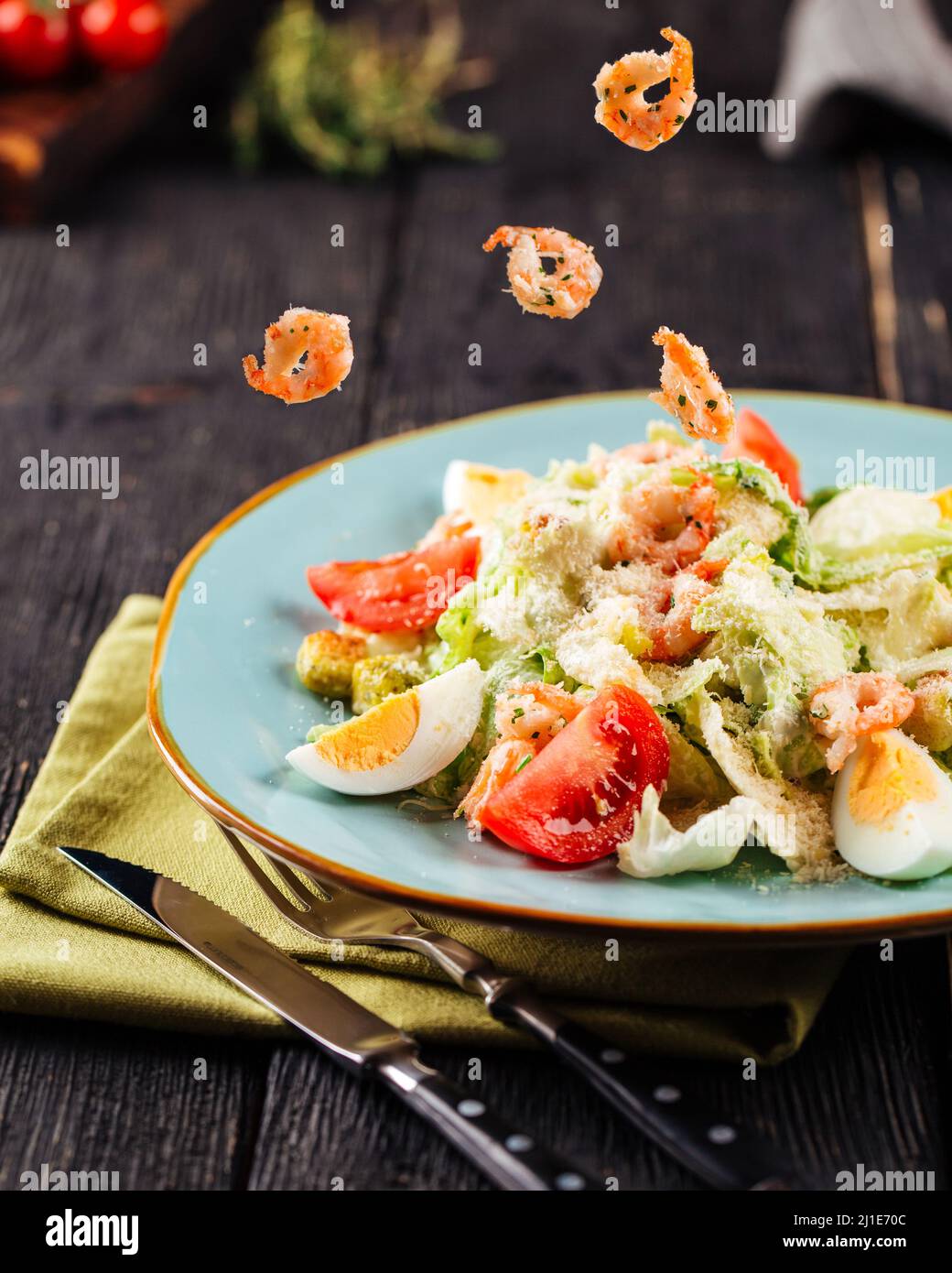 Closeup on fresh caesar salad with shrimp Stock Photo