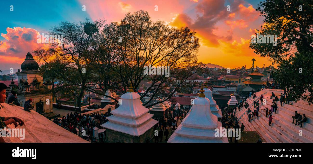 A scenic view of the Pashupatinath Temple at vibrant sunset, Kathmandu, Nepal Stock Photo