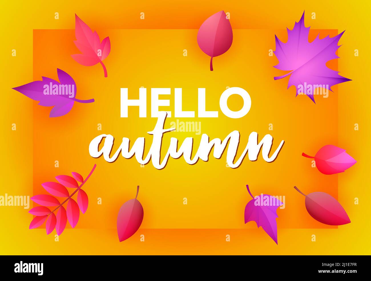 Hello autumn yellow greeting card design. Handwritten text on card with ...
