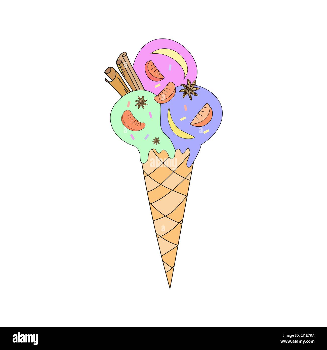 Ice cream cone with cinnamon and tangerines. Vector illustration in