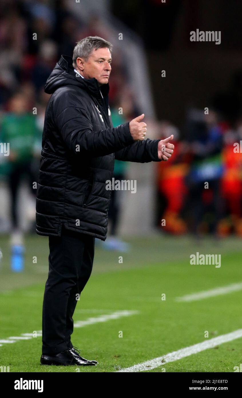 BUDAPEST, HUNGARY - MARCH 24: Dragan Stojkovic Head Coach of Serbia reacts ,during the international friendly match between Hungary and Serbia at Puskas Arena on March 24, 2022 in Budapest, Hungary. (Photo by MB Media) Stock Photo