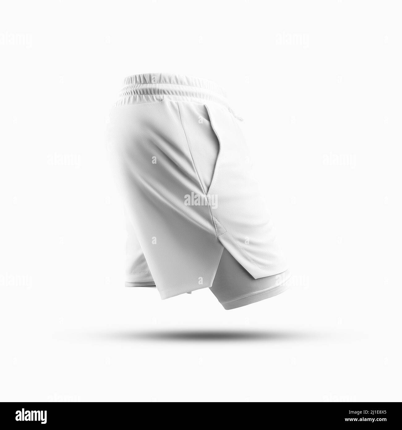 Mockup of sports white men's shorts with underpants. Sportswear isolated on a white background. 3D rendering. Side view Stock Photo