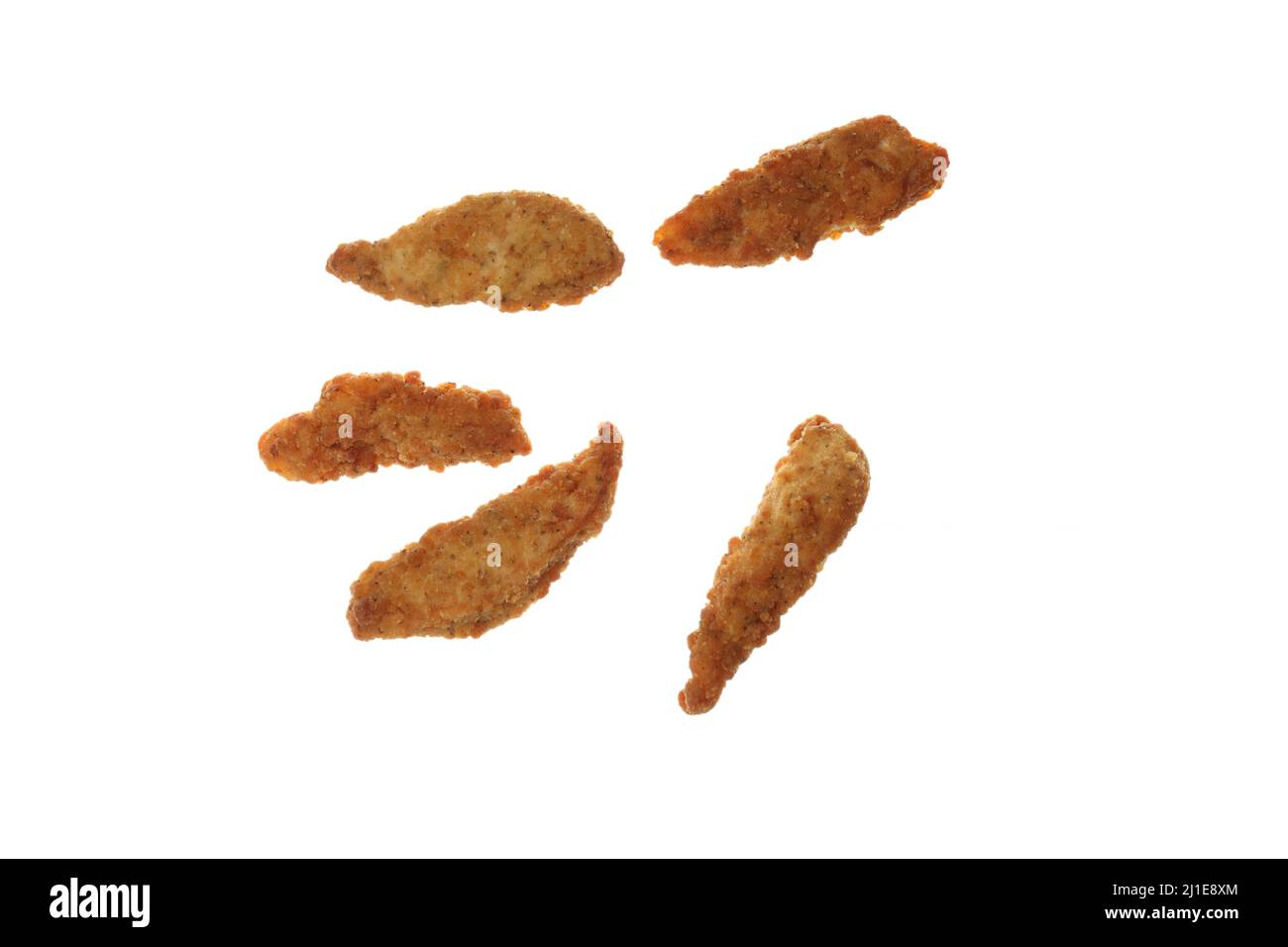 Five chicken strips isolated on white background Stock Photo Alamy