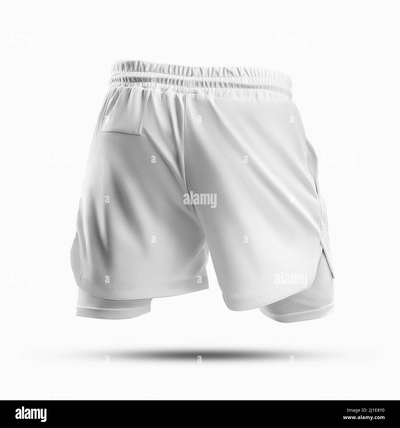 Mockup of sports white men's shorts with underpants. Sportswear isolated on a white background. 3D rendering. Back view Stock Photo