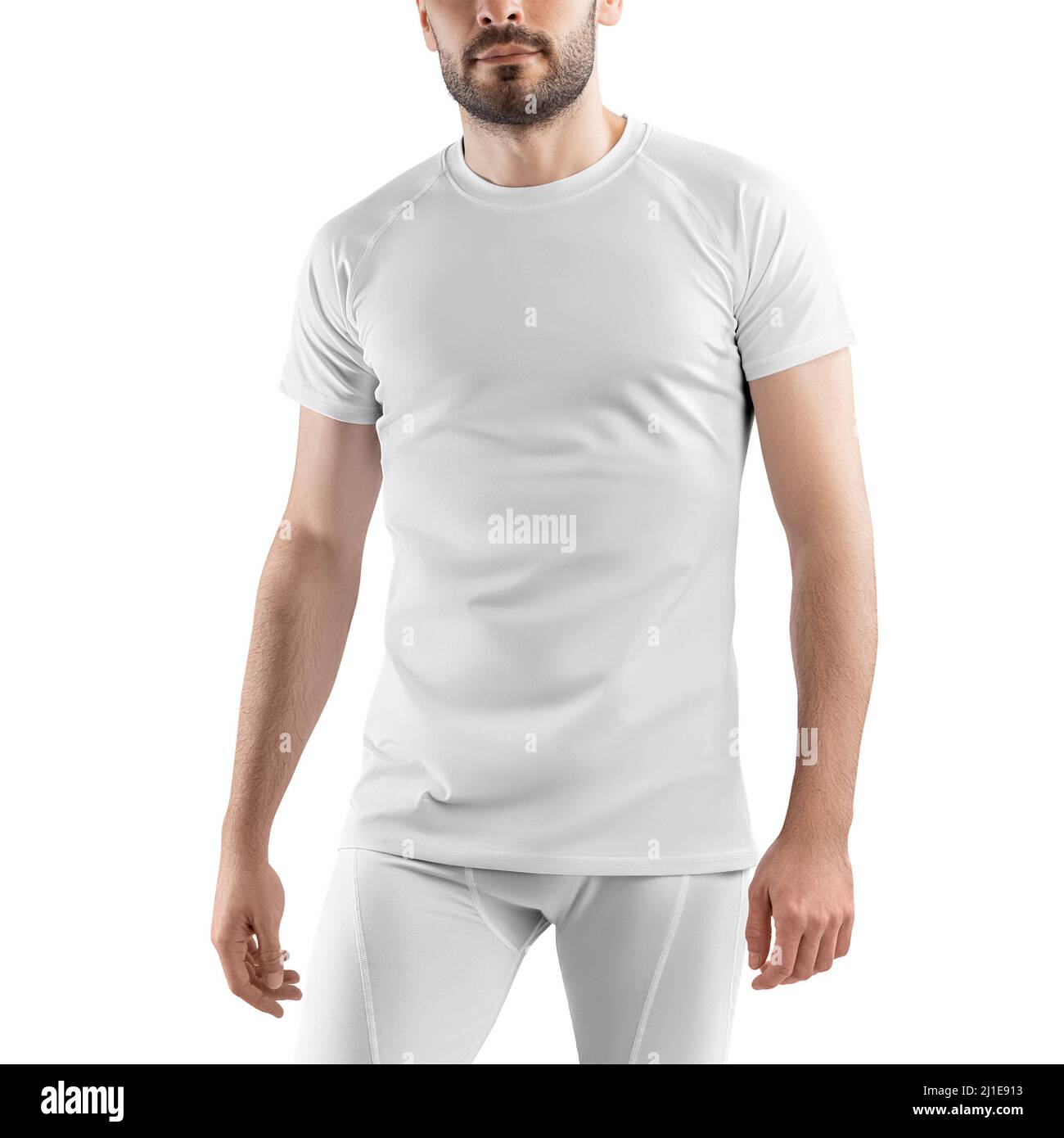 Mockup of a sporty men's white t-shirt and pants set. Sportswear template isolated on white background. Stock Photo