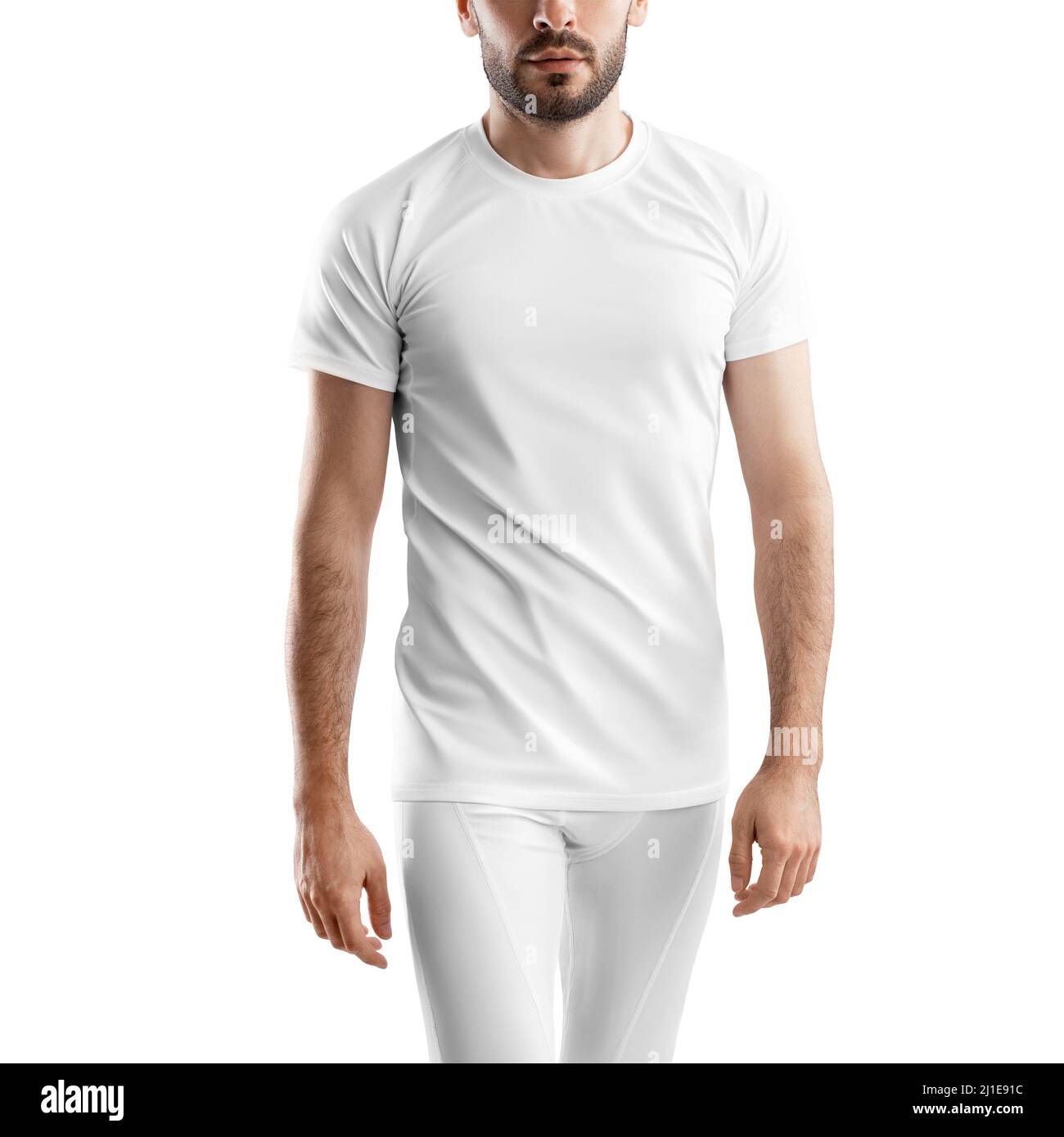 Mockup of white  compression pants and  t-shirt on a sporty man with a beard, for design, pattern, front. Sports tracksuit template, isolated on backg Stock Photo