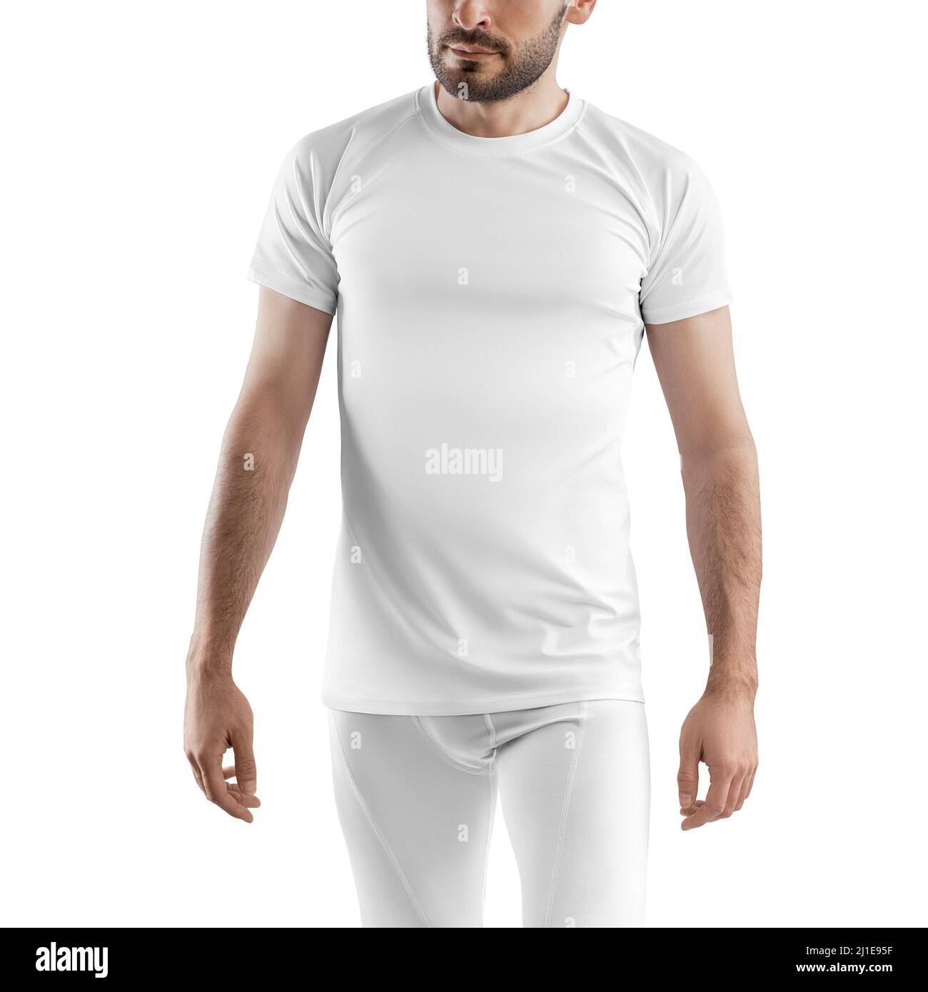 Mockup of white pants and t-shirt on a man. Template of sportswear isolated on background for design presentation. Stock Photo
